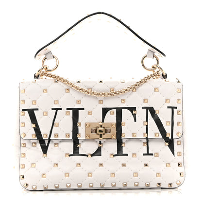 Valentino Garavani Lambskin VLTN Print Medium Rockstud Spike Shoulder Bag Optic White Black 1 of 9