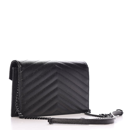 Saint Laurent Grain De Poudre Matelasse Chevron Monogram Envelope Chain Wallet Black 3 of 10