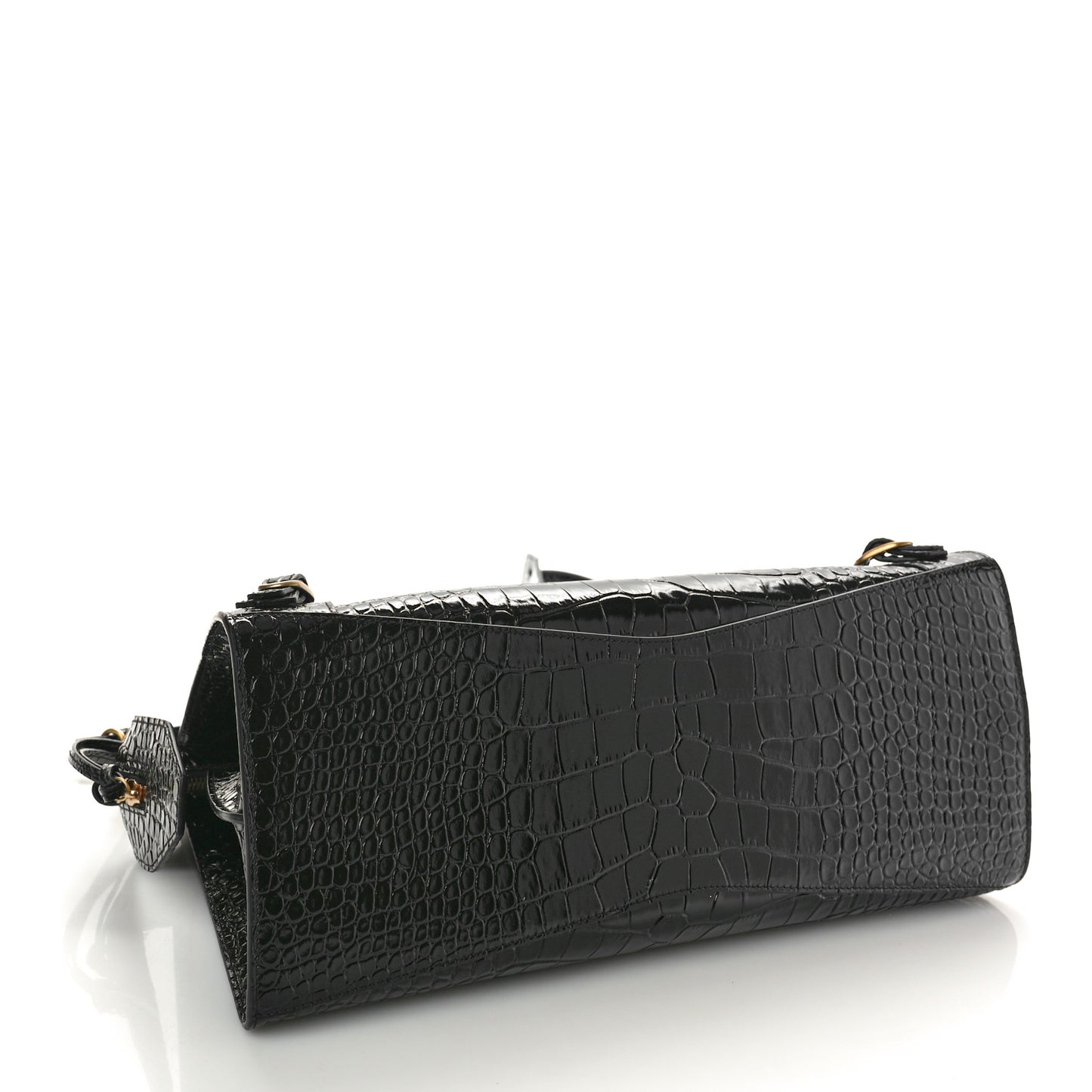 Shiny Supple Calfskin Crocodile Embossed Brass Hardware Neo Classic City Black