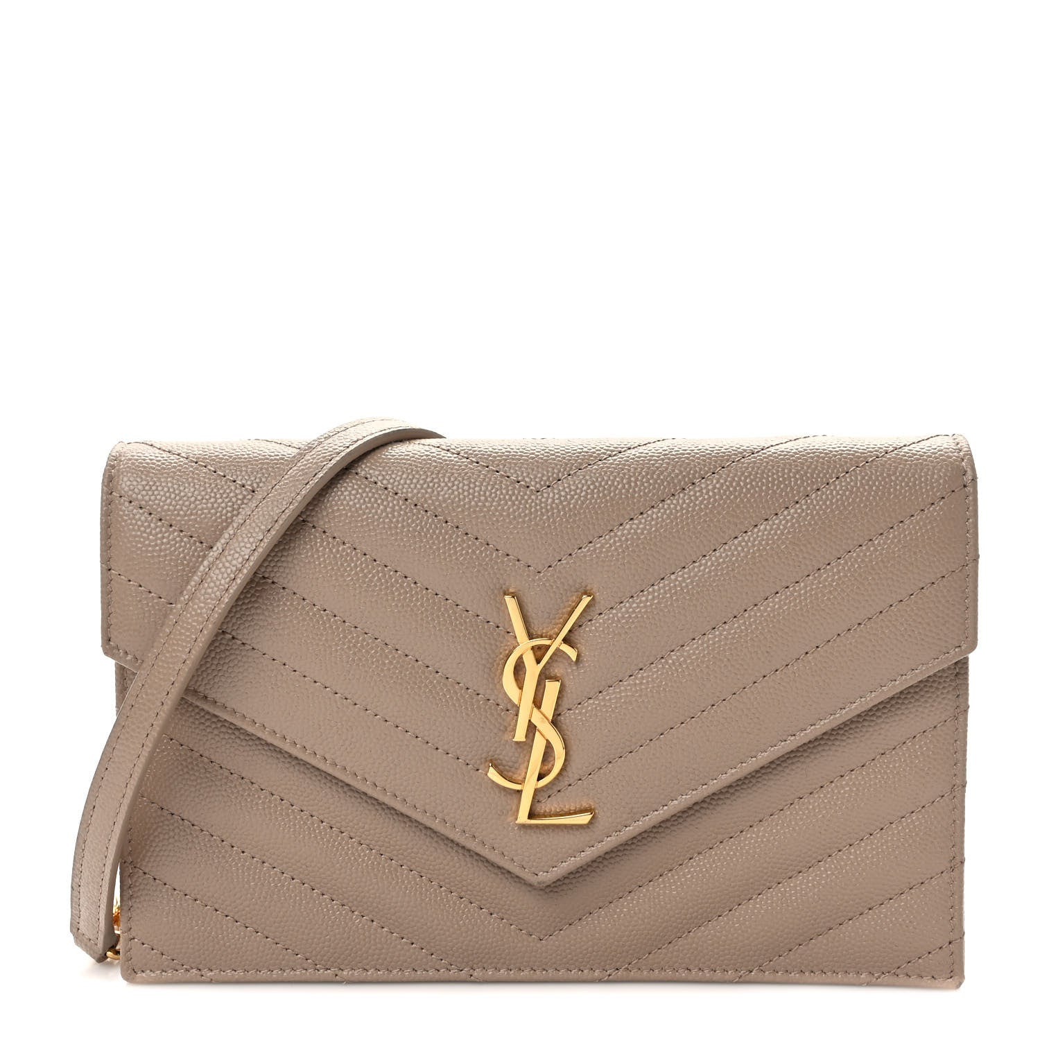 Saint Laurent Grain De Poudre Matelasse Chevron Monogram Envelope Chain Wallet Dark Beige 1 of 8