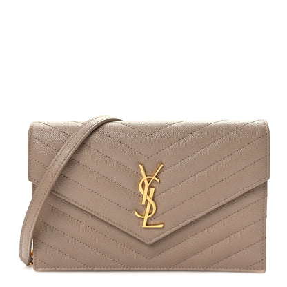 Saint Laurent Grain De Poudre Matelasse Chevron Monogram Envelope Chain Wallet Dark Beige 1 of 8