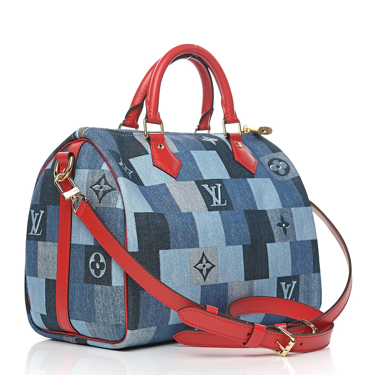 Denim Damier Monogram Patchwork Speedy Bandouliere 30 Blue Rouge