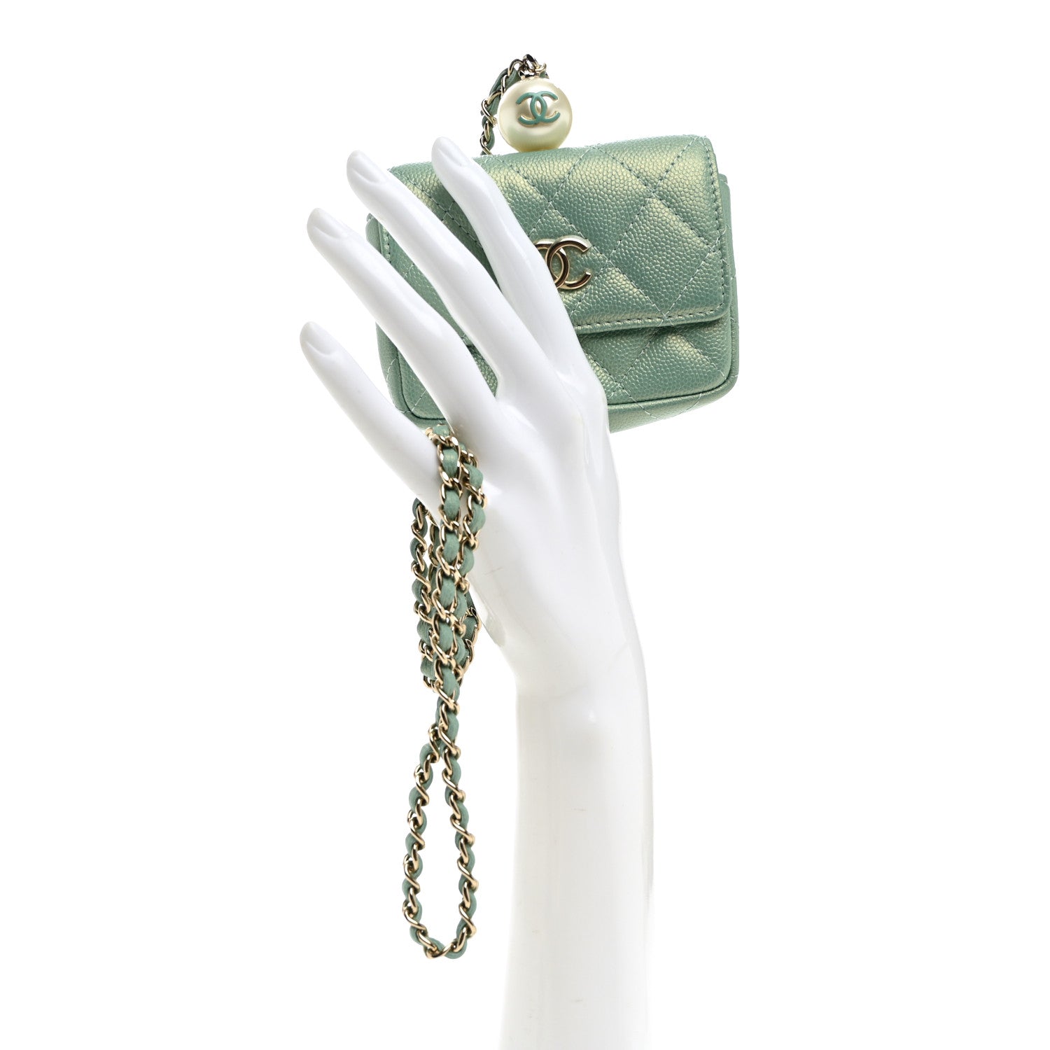Chanel Iridescent Caviar Quilted Pearl On Top Coin Purse With Chain Light Green 2 of 10