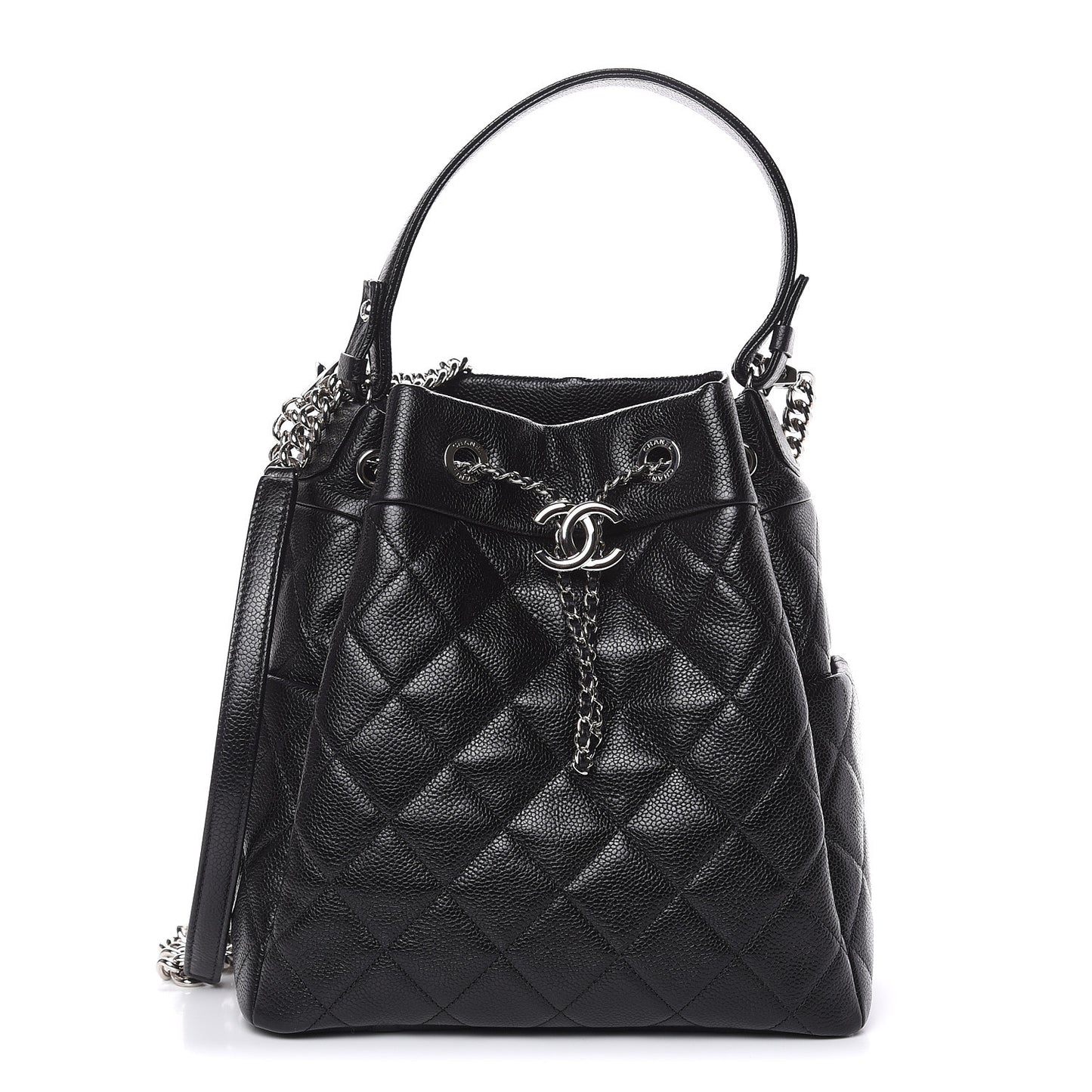 Grained Calfskin Quilted Medium CC Chain Bucket Drawstring Bag Black