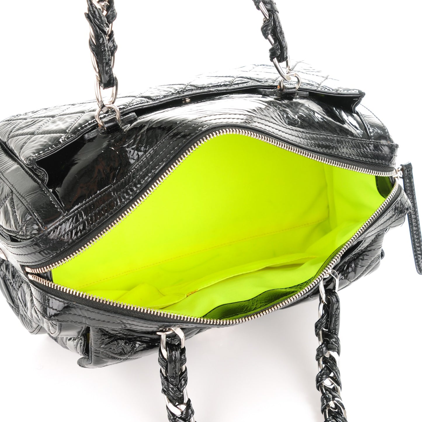 Patent Quilted Day Glo Flap Bag Black
