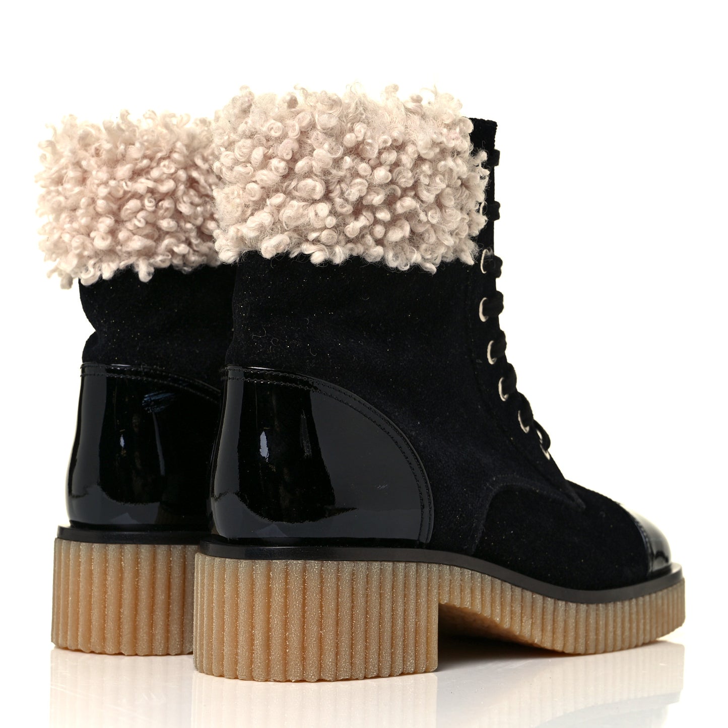 Calfskin Patent Fabric Lace Up Cap Toe CC Boots 39 Black Ivory