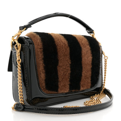 Fendi Shearling Vitello Vernice Mou Pequin Striped Mini Baguette Tobacco Black 2 of 10