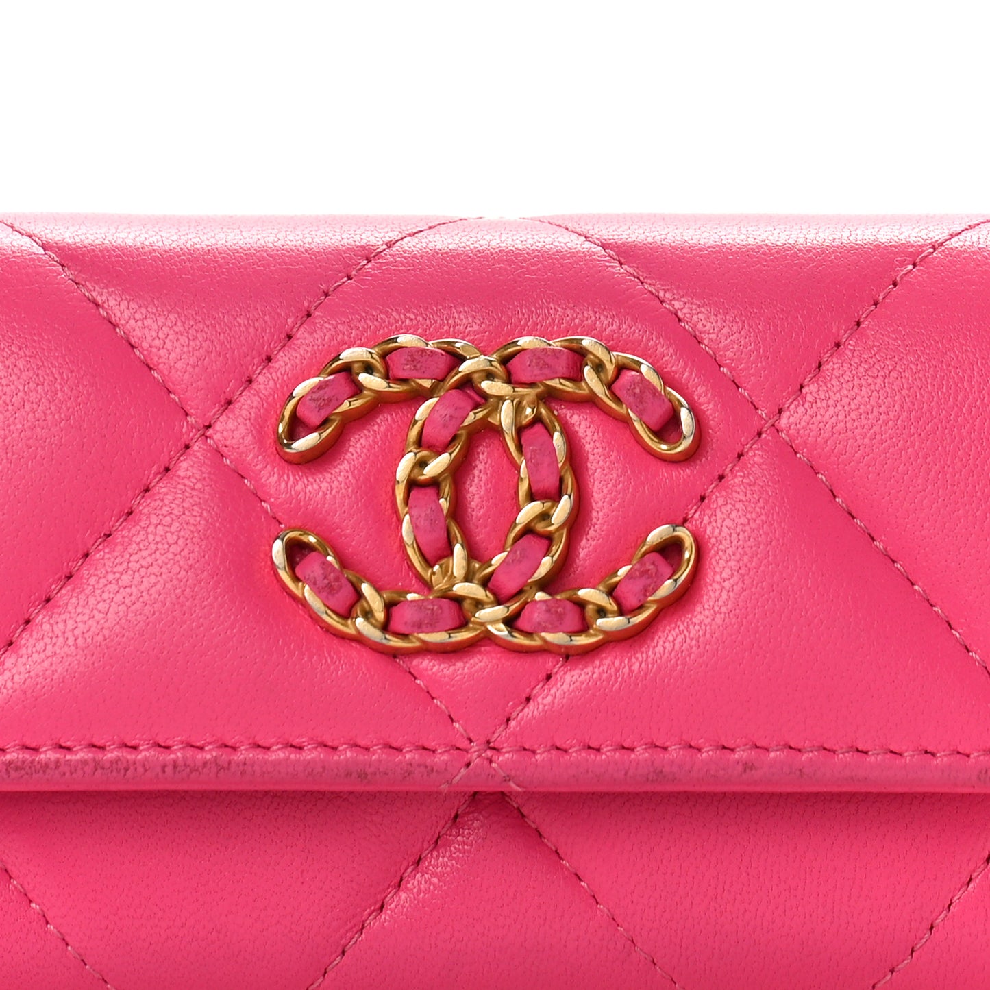 Lambskin Quilted Chanel 19 Flap Card Holder Dark Pink
