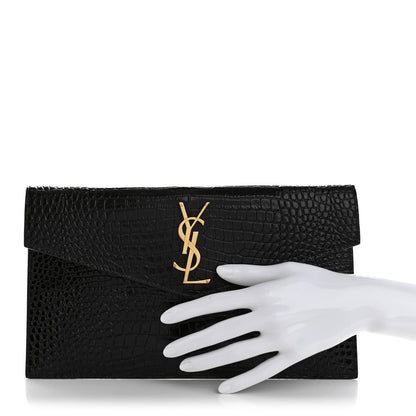 Saint Laurent Calfskin Crocodile Embossed Uptown Monogram Clutch Black 2 of 7