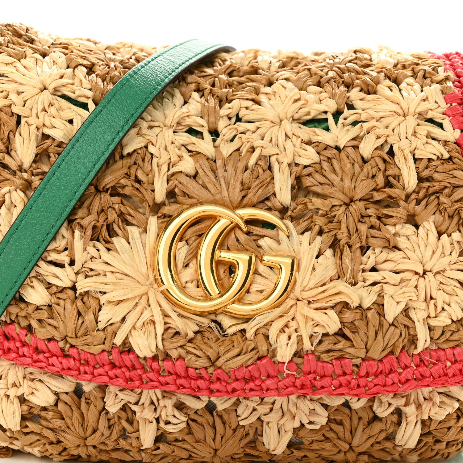 Gucci Raffia Azalea Calfskin Crochet Flower Small GG Marmont Shoulder Bag Natural Ecru Green Red New Shamarock 8 of 13