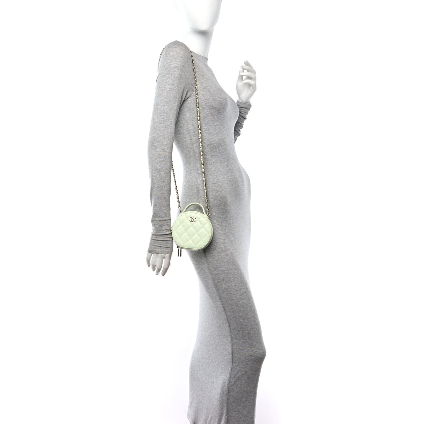 Caviar Quilted Round Handle With Care Vanity With Chain Light Green