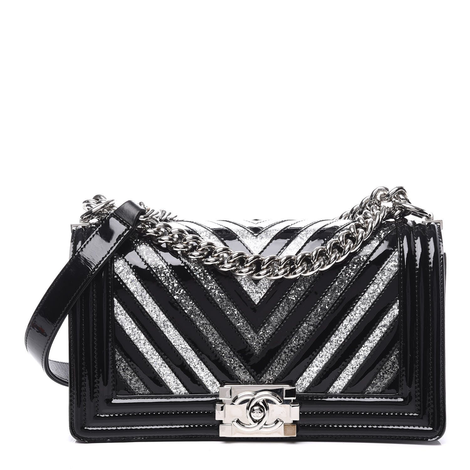 Chanel Patent Glitter PVC Chevron Quilted Medium Boy Flap Black Silver 1 of 11