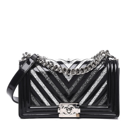 Chanel Patent Glitter PVC Chevron Quilted Medium Boy Flap Black Silver 1 of 11