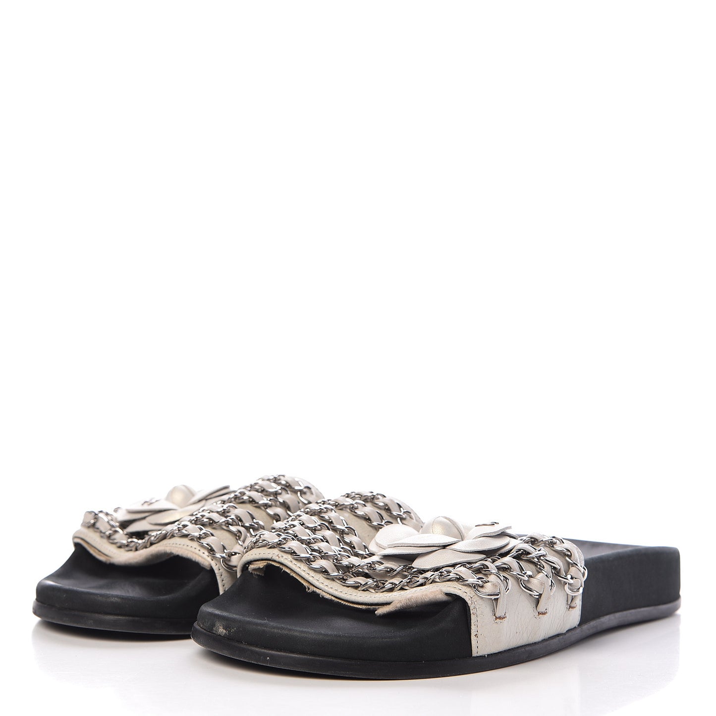 Lambskin Chain Camellia Flat Sandals 36 White
