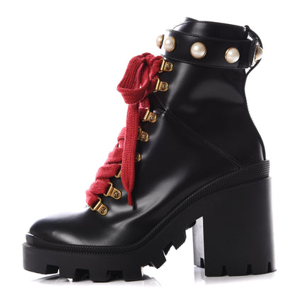 Gucci Magnum Calfskin Pearl Lace Up Combat Ankle Boots 36.5 Black 1 of 9