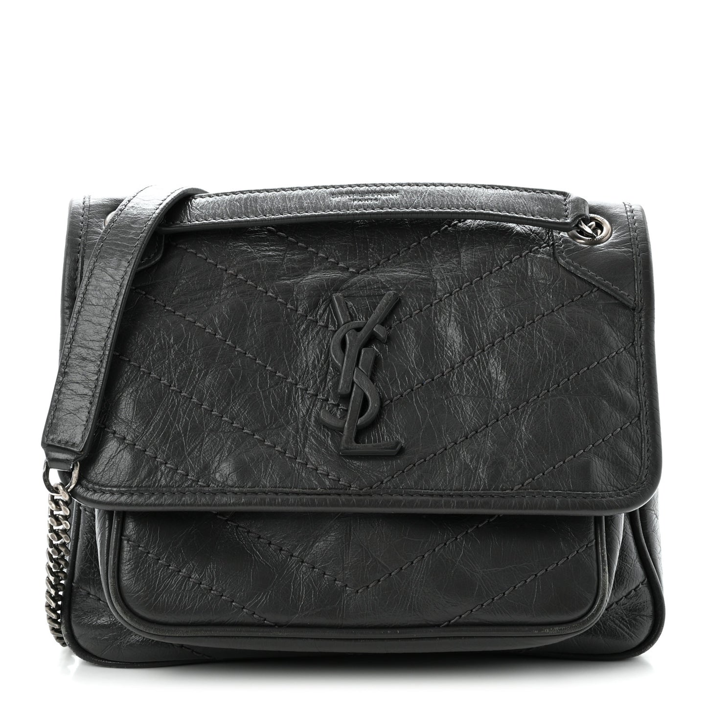 Crinkled Calfskin Matelasse Monogram Baby Niki Chain Satchel Storm