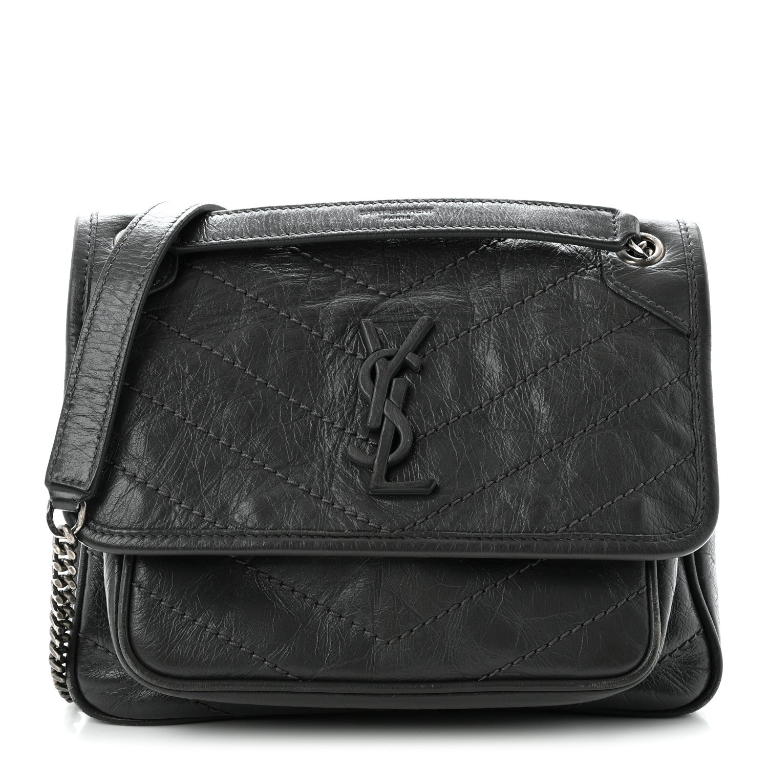 Saint Laurent Crinkled Calfskin Matelasse Monogram Baby Niki Chain Satchel Storm 1 of 12