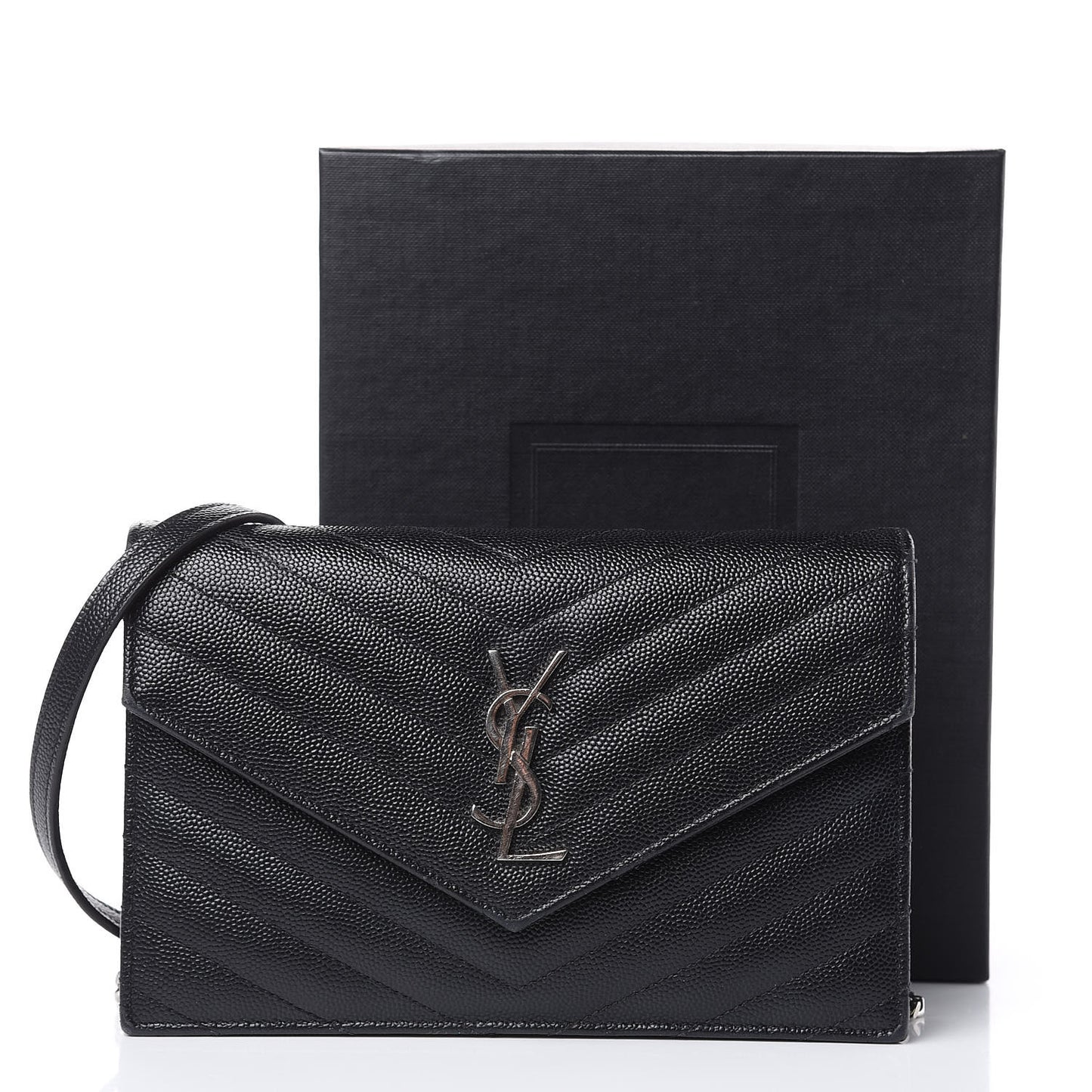 Grain De Poudre Matelasse Chevron Monogram Envelope Chain Wallet Black