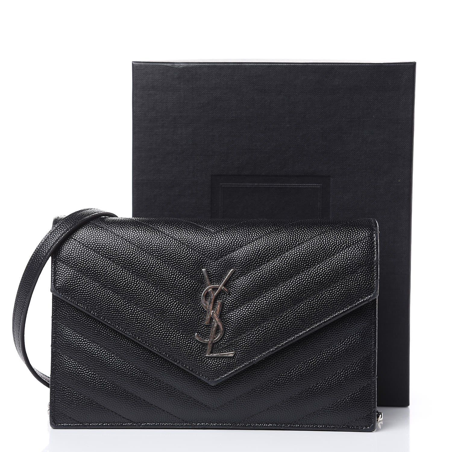Saint Laurent Grain De Poudre Matelasse Chevron Monogram Envelope Chain Wallet Black 8 of 16