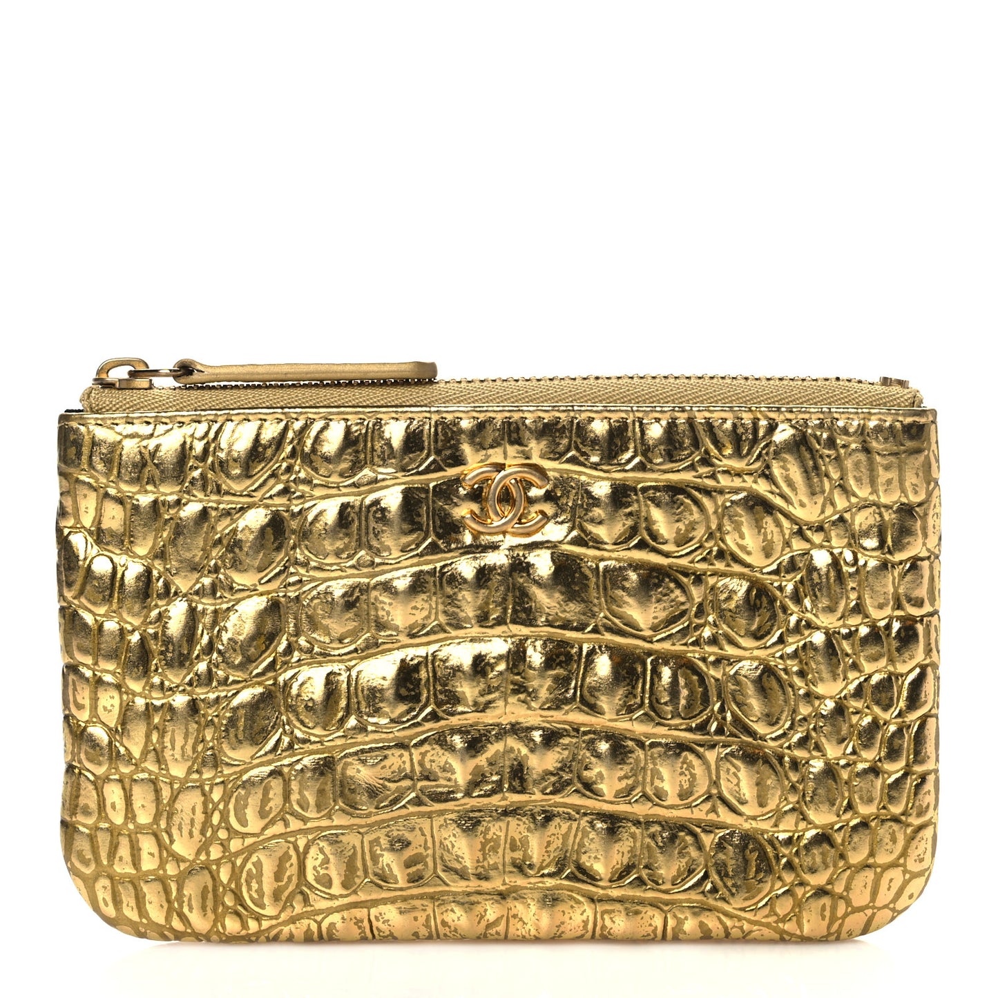 Metallic Calfskin Crocodile Embossed Cocodile Small Cosmetic Case Gold