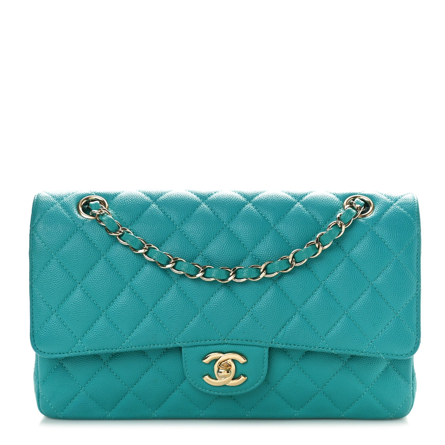 Caviar Quilted Medium Double Flap Turquoise