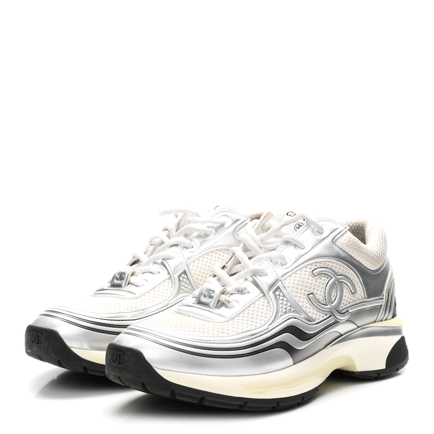 Chanel Fabric Laminated Calfskin Stretch CC Womens Sneakers 39 White Silver 4 of 9