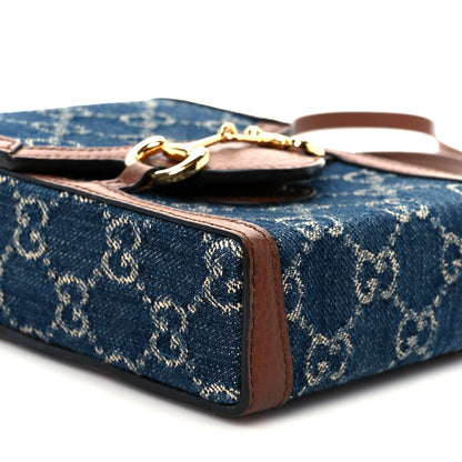 Gucci New Denim GG Monogram Dollar Calfskin Mini Horsebit 1955 Crossbody Bag Blue Tea Cuir Epilog 9 of 10