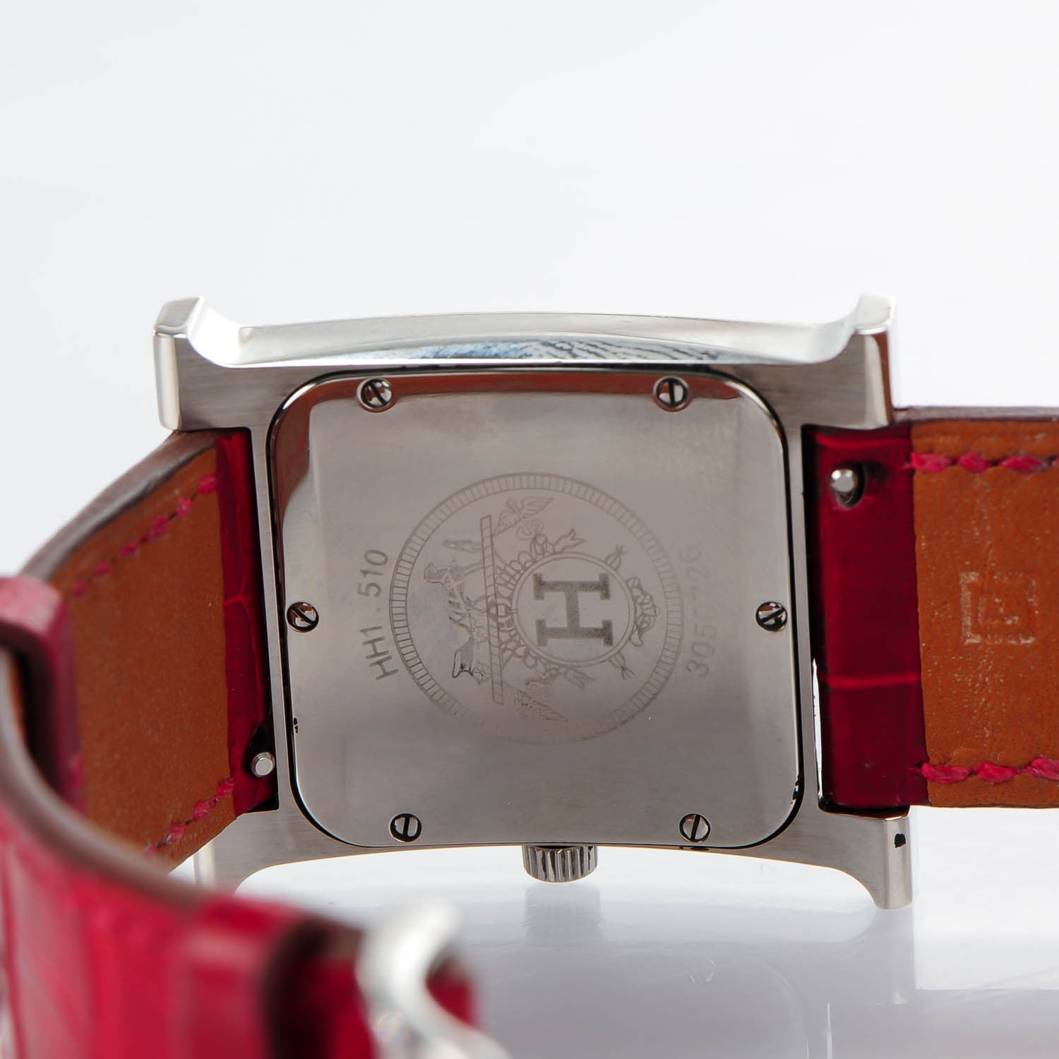 Hermes Stainless Steel Alligator Diamond 26mm Heure H Hour Quartz Watch Rouge Casaque 6 of 8