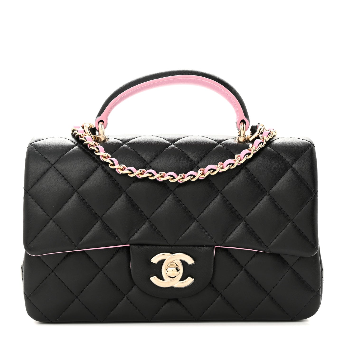 Lambskin Quilted Bi-Color Mini Top Handle Rectangular Flap Black Lilac