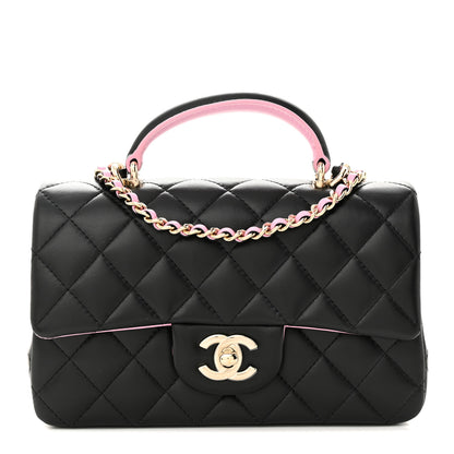 Chanel Lambskin Quilted Bi-Color Mini Top Handle Rectangular Flap Black Lilac 1 of 13