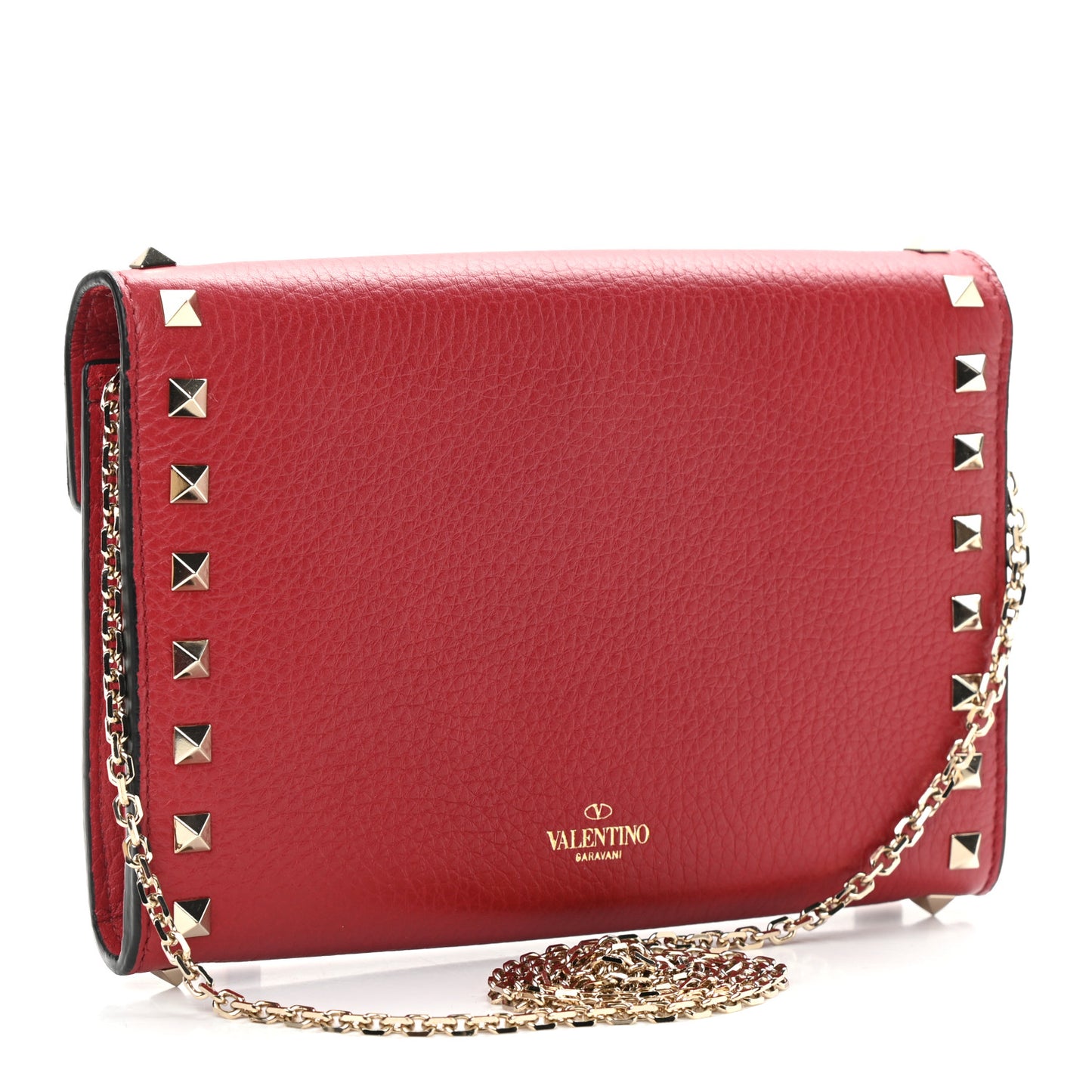 Pebbled Calfskin Rockstud Envelope Wallet on Chain Rosso Valentino