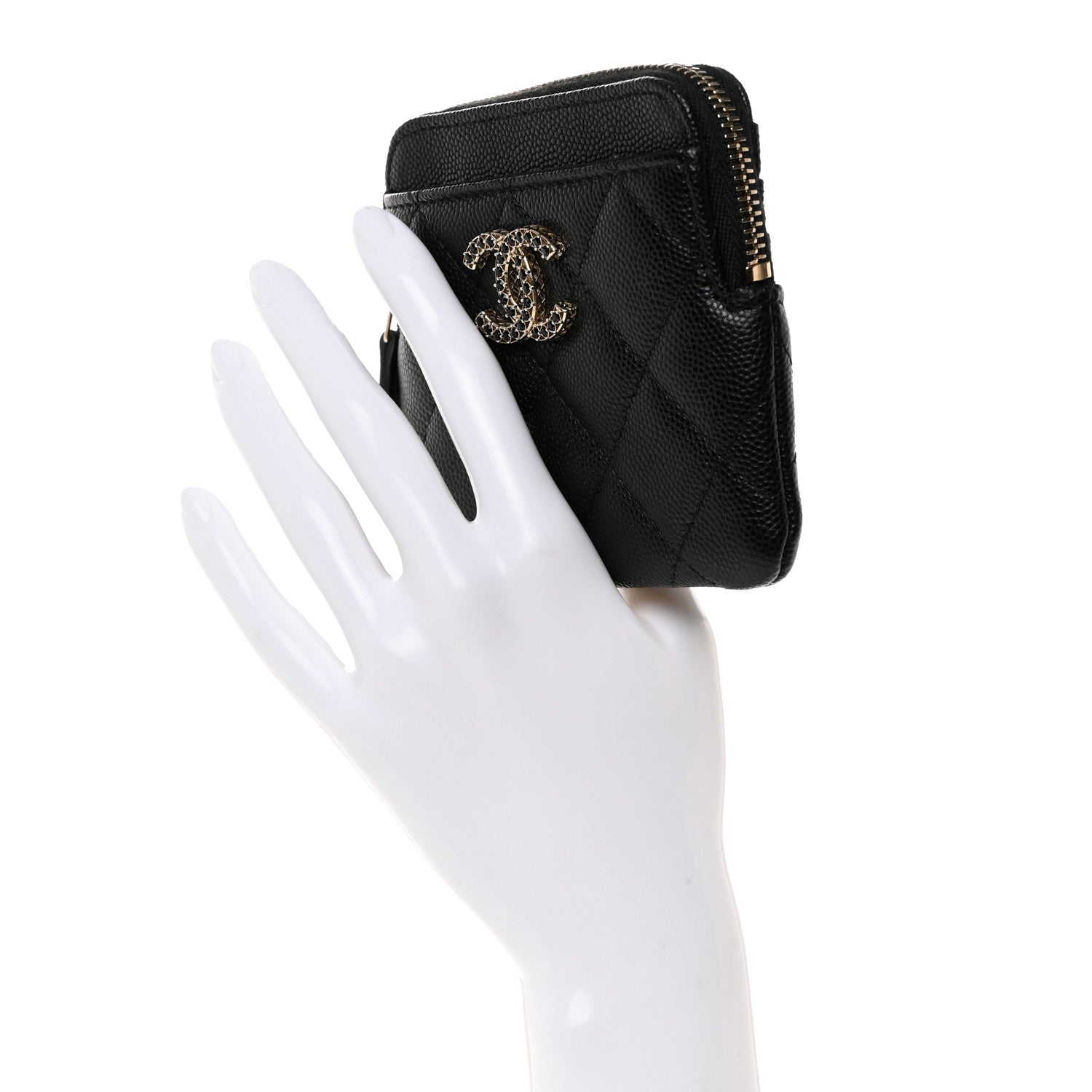 Chanel Caviar Quilted Crystal Zip Card Holder Wallet Black 2 of 8