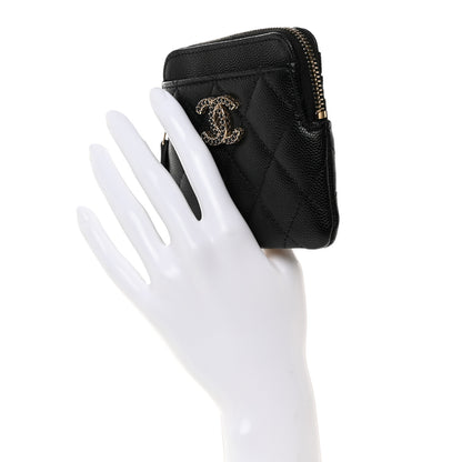 Chanel Caviar Quilted Crystal Zip Card Holder Wallet Black 2 of 8