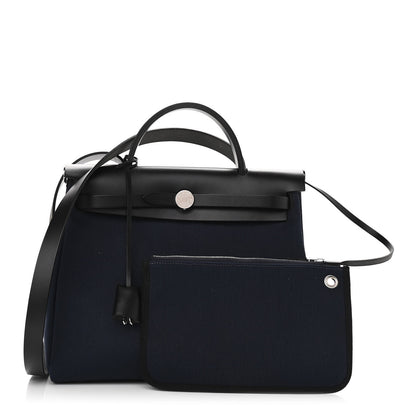 Hermes Military Toile Vache Hunter Herbag Zip Retourne 31 PM Bleu Marine Black 1 of 11