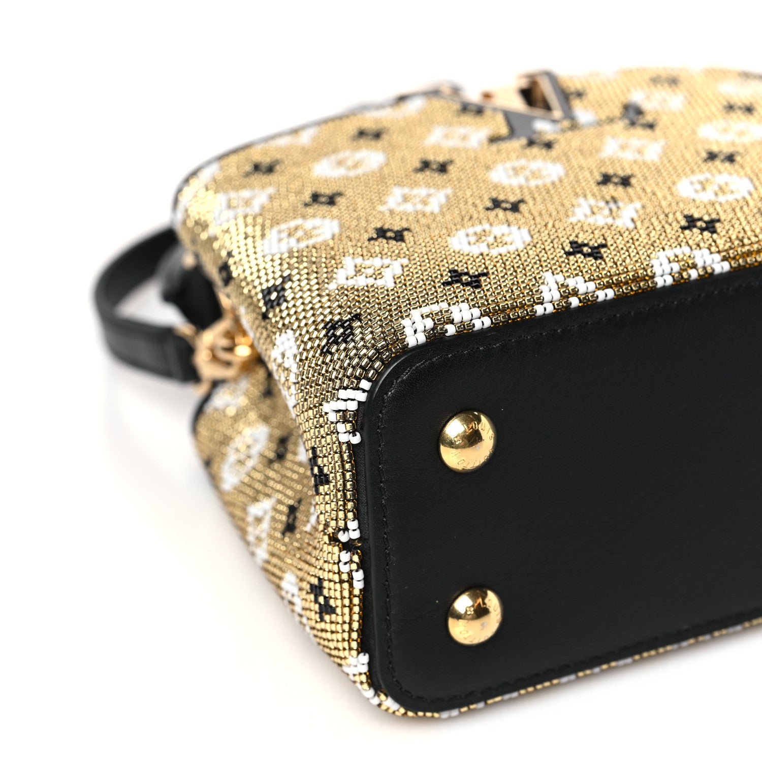 Louis Vuitton Satin Beaded Embroidered Monogram Calfskin Capucines Mini Gold Black 7 of 7