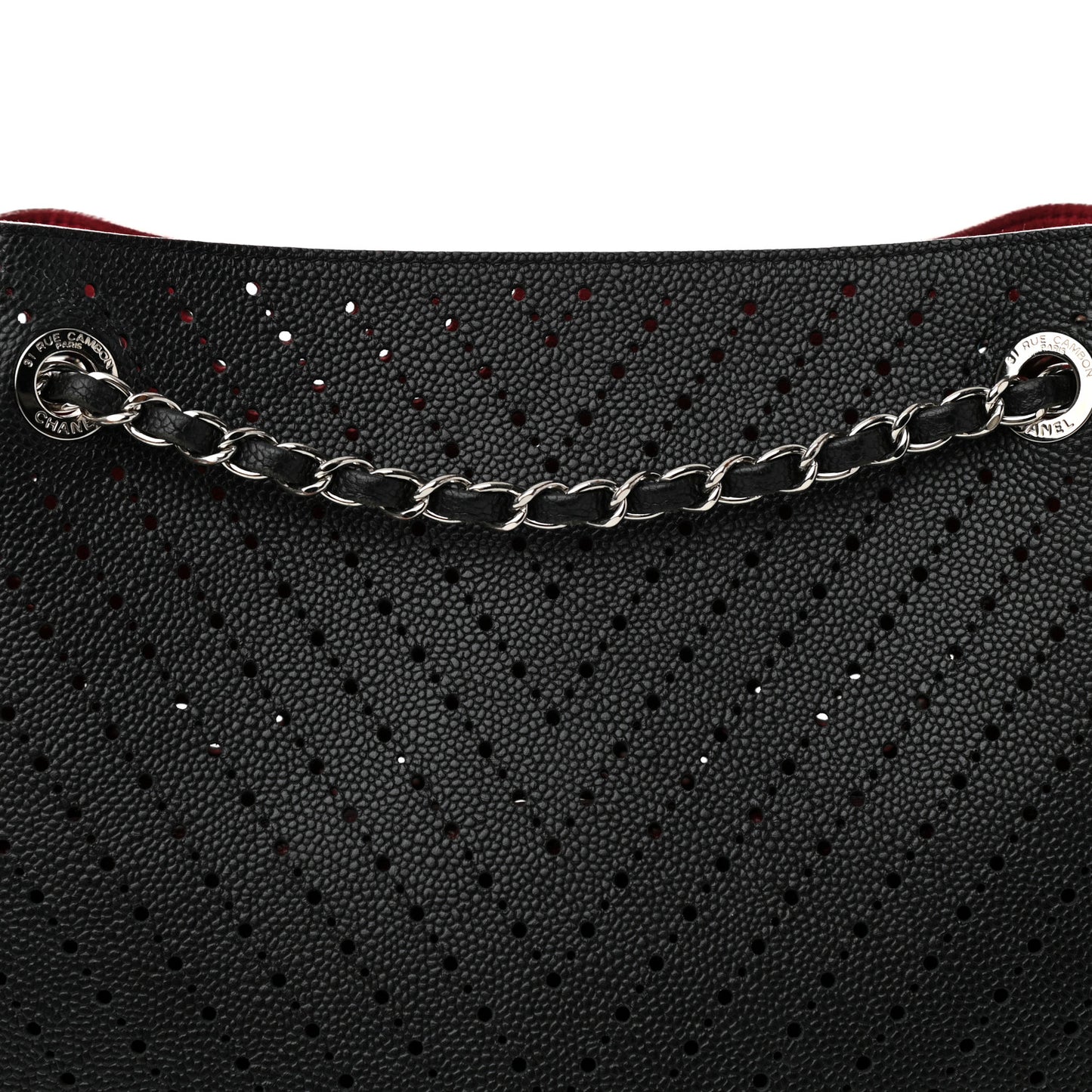 Perforated Caviar Drawstring Bucket Bag Black