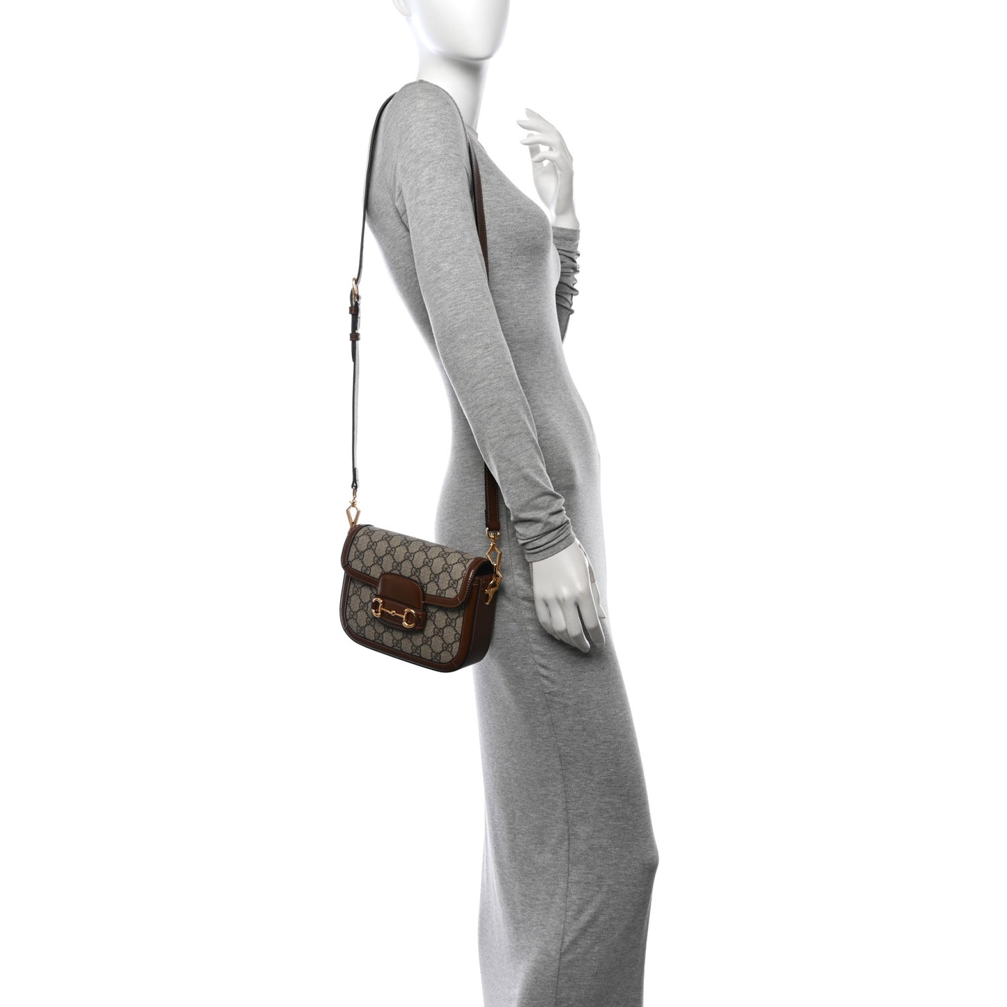 GG Supreme Monogram Azalea Calfskin Web Mini Horsebit 1955 Shoulder Bag Beige Ebony Brown Sugar