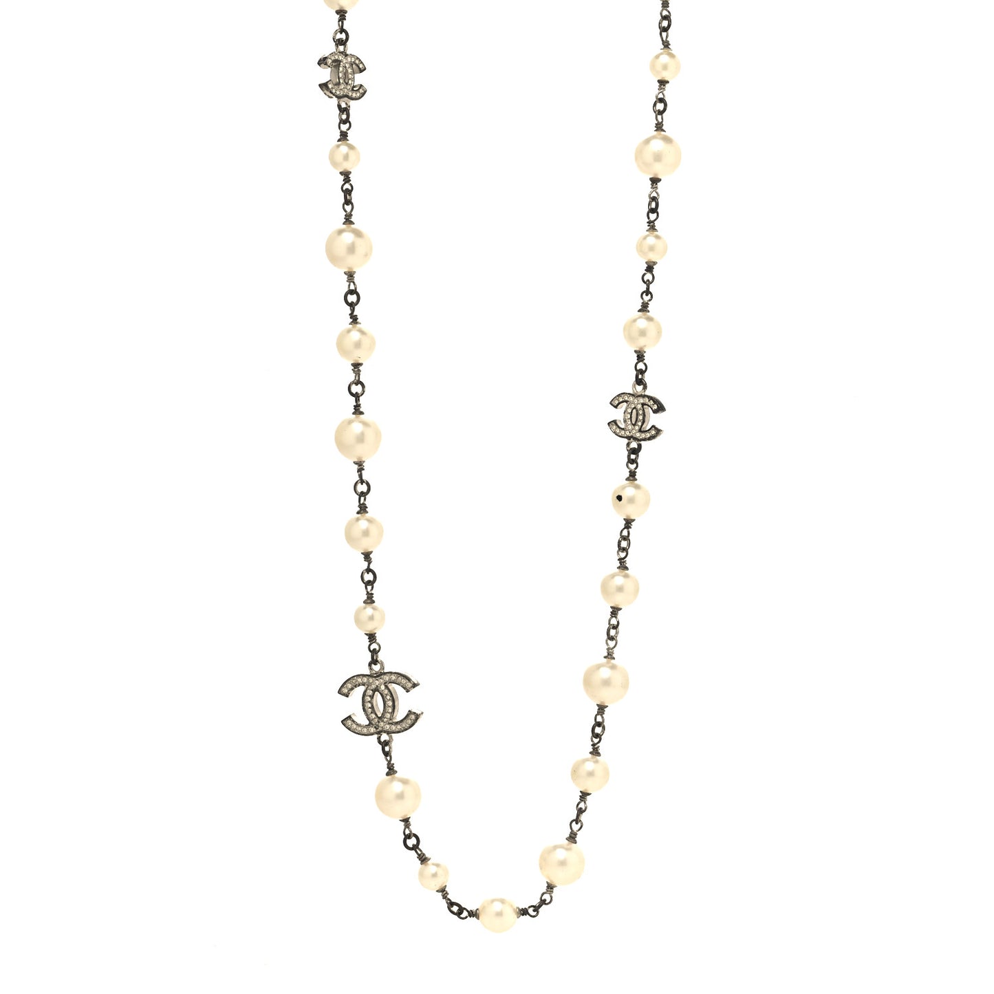 Crystal Pearl CC Long Necklace Silver