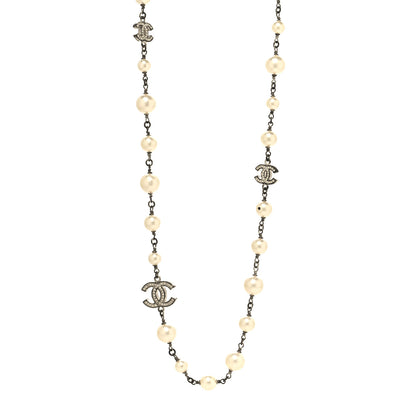 Chanel Crystal Pearl CC Long Necklace Silver 2 of 7