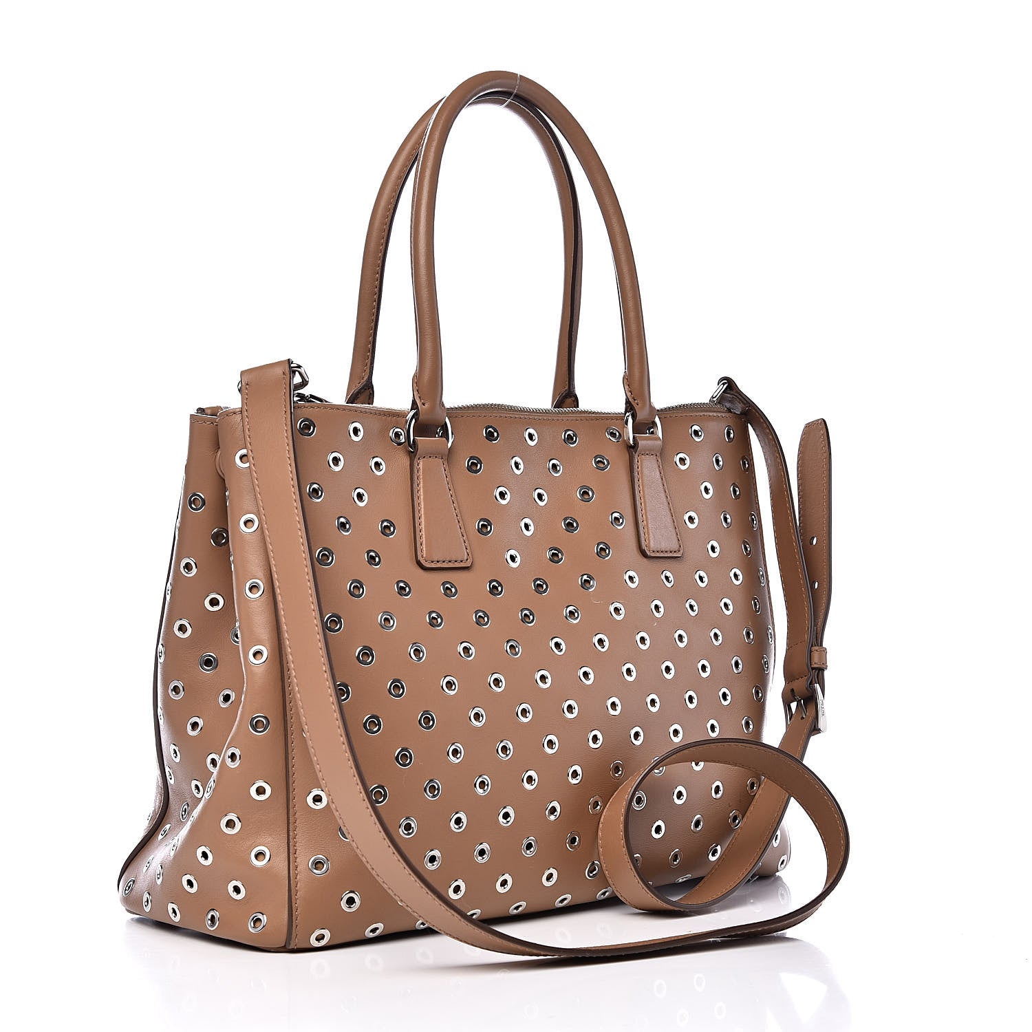 Prada City Calf Grommet Medium Double Zip Tote Caramel 3 of 13