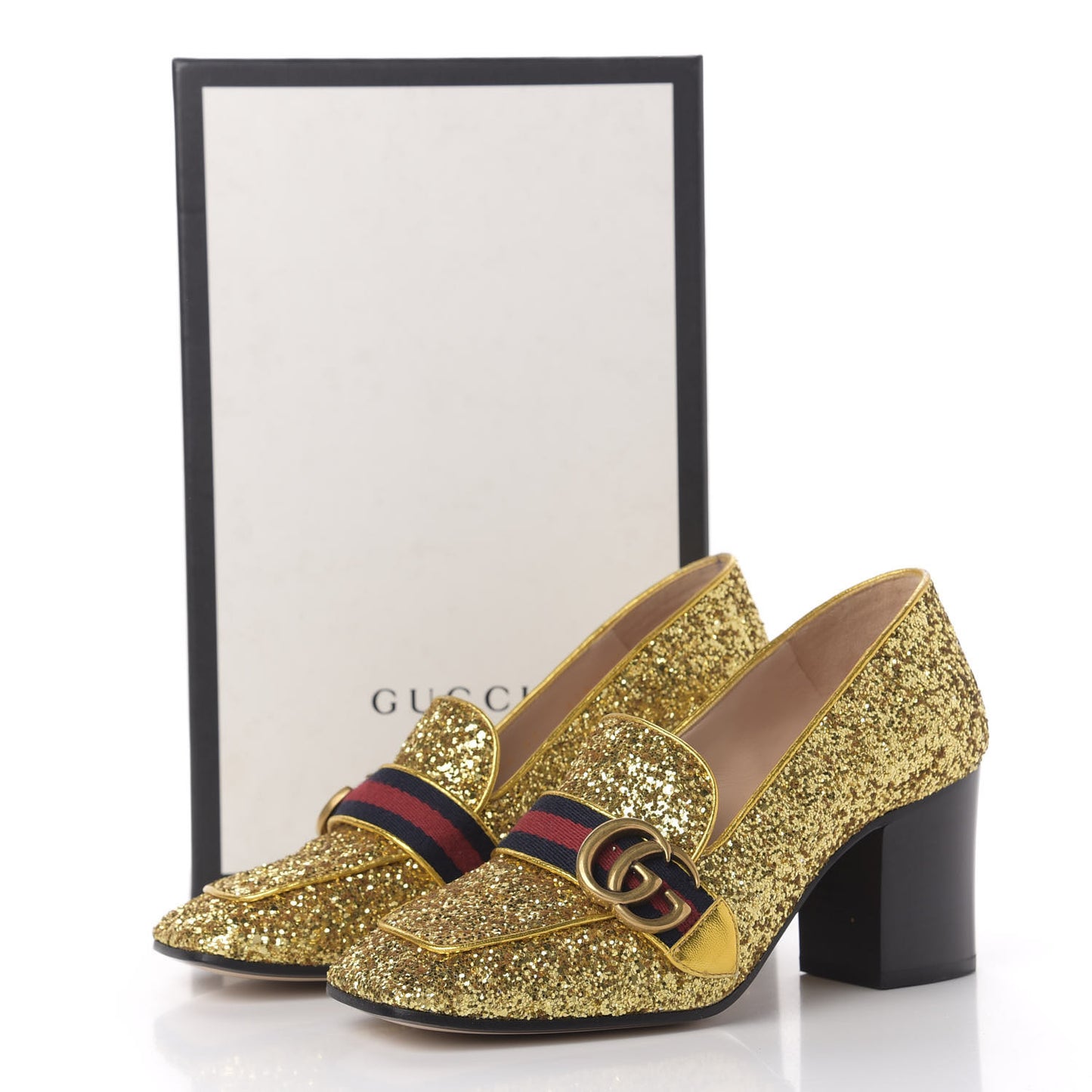 Glitter Nappa Web Peyton 75mm Loafer Pumps 37 Oro Vecchio