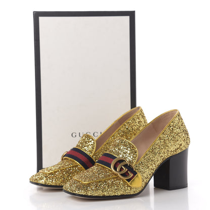 Gucci Glitter Nappa Web Peyton 75mm Loafer Pumps 37 Oro Vecchio 15 of 15