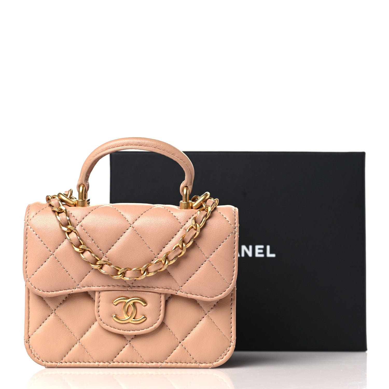 Chanel Lambskin Quilted Top Handle Flap Coin Purse With Chain Beige 11 of 11