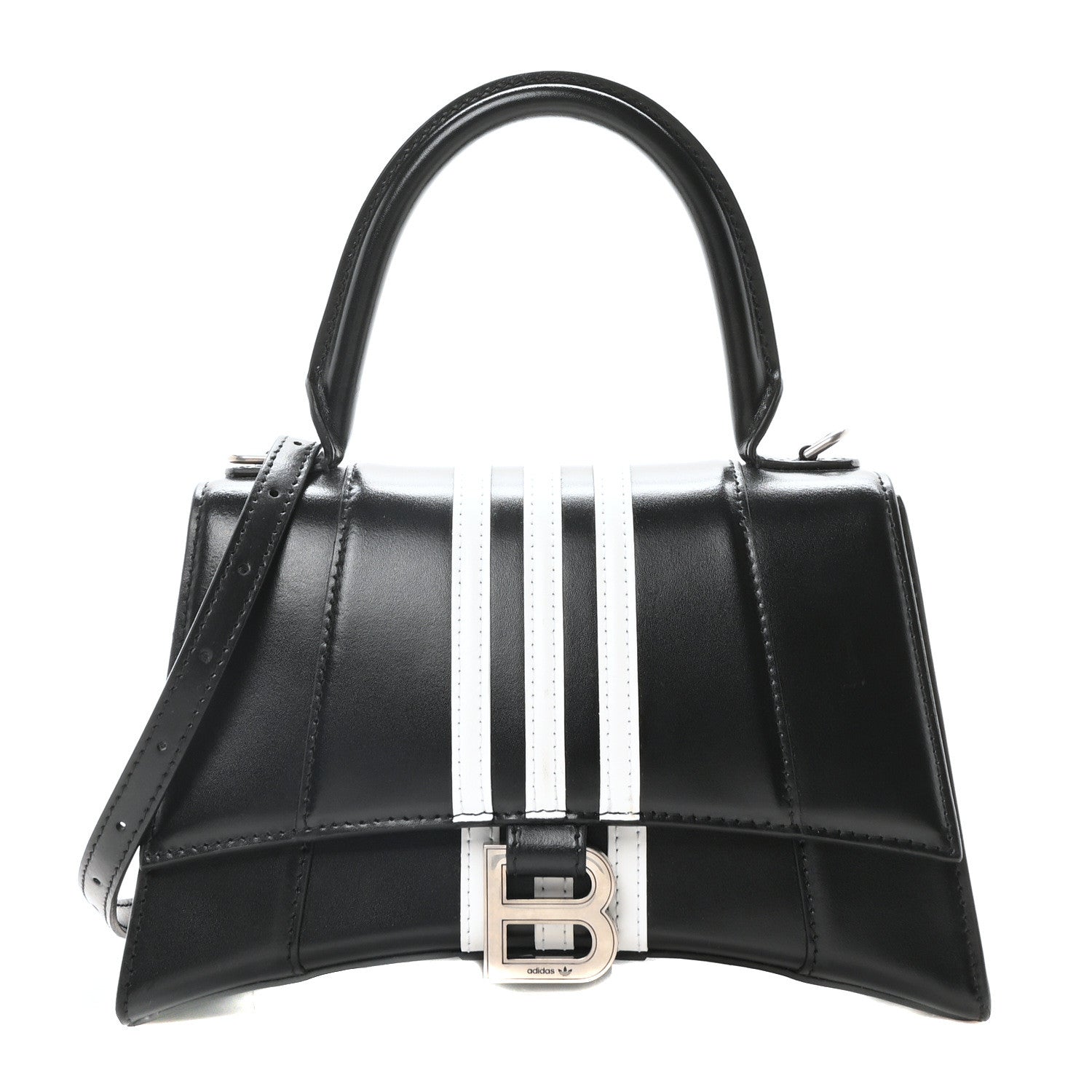 Balenciaga X ADIDAS Shiny Box Calfskin Small Hourglass Top Handle Bag Black White 1 of 10
