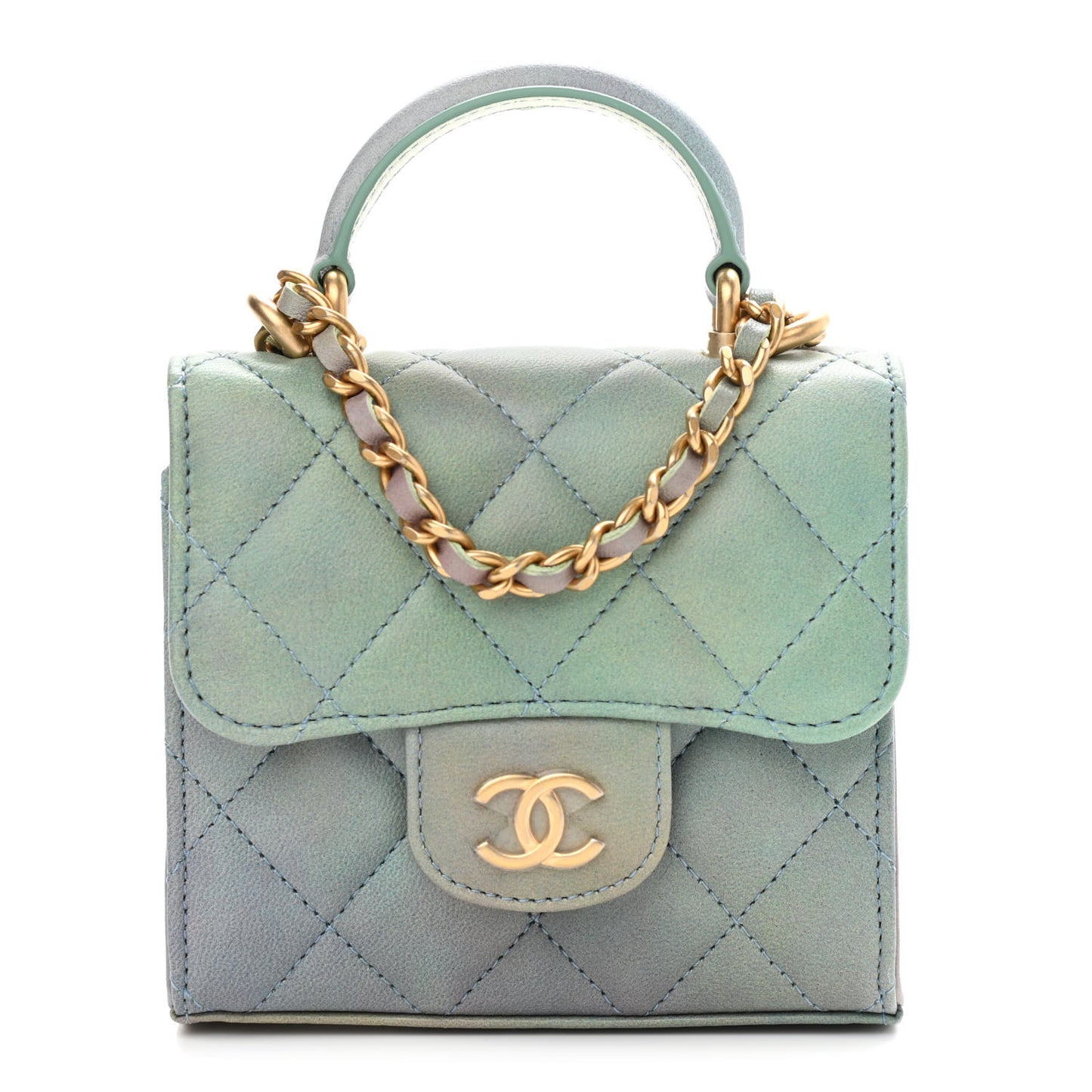 Lambskin Quilted Ombre Top Handle Flap Clutch With Chain Green Purple