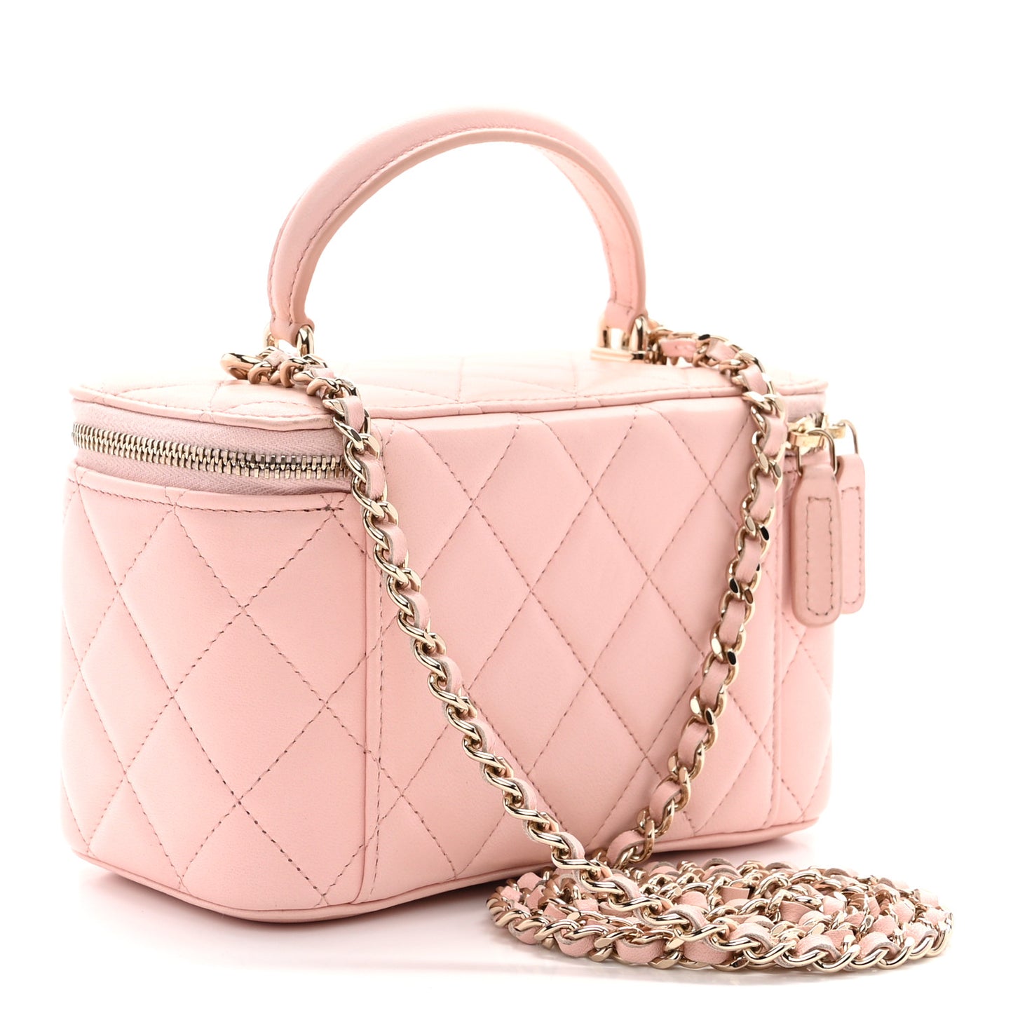 Lambskin Quilted Small Top Handle Vanity Case With Chain Light Pink