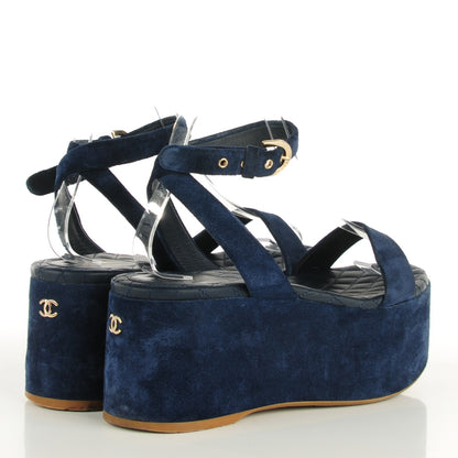 Chanel Suede Calfskin Platform Wedge Sandals 37 Blue 4 of 6