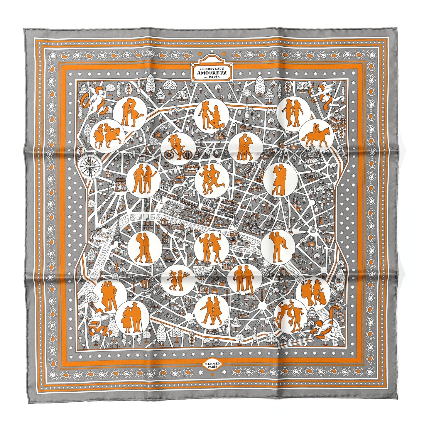 Silk Les Nouveaux Amoureux de Paris Bandana Scarf 55 Gris White Caramel