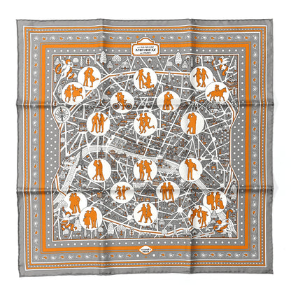 Hermes Silk Les Nouveaux Amoureux de Paris Bandana Scarf 55 Gris White Caramel 1 of 5