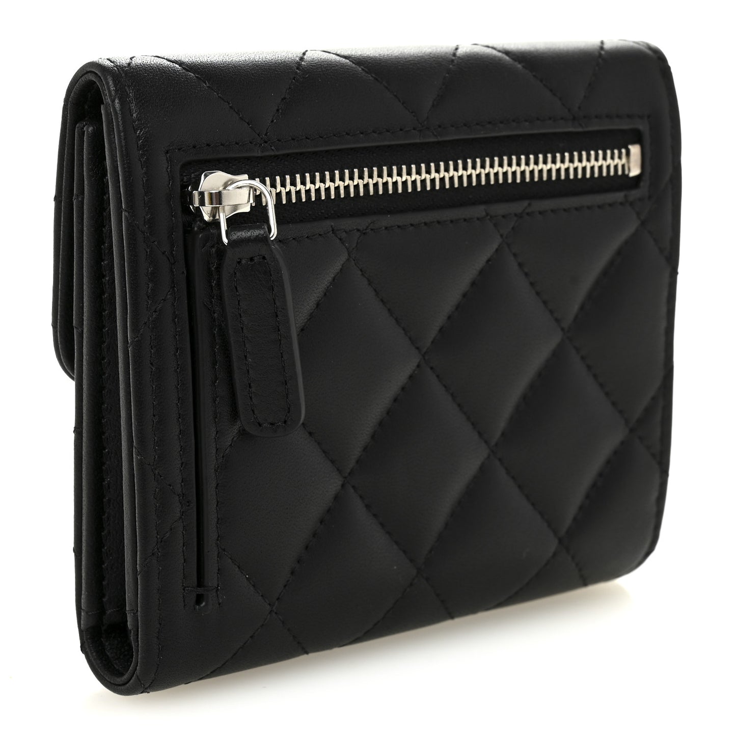 Lambskin Quilted Baguette Crystal Small Compact Wallet Black